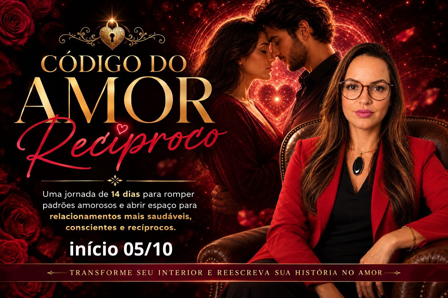 Código do Amor Recíproco — uma jornada de 14 dias para romper padrões amorosos e abrir espaço para relacionamentos mais saudáveis, conscientes e recíprocos.
